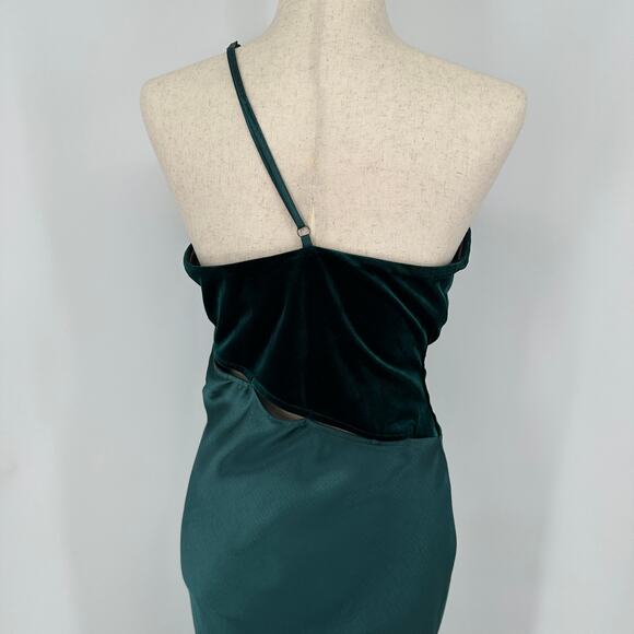 Topshop Petite One Shoulder Green Velvet and Satin Cut Out Midi Dress Womens 8 - Picture 5 of 12